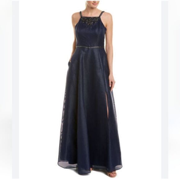 Aidan Mattox Twilight Blue Long Evening Gown Halter Maxi Dress, Size 0, NWT - Picture 1 of 14